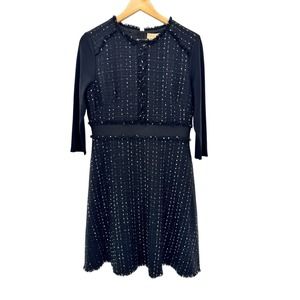 Ports Metallic Black Silver Tweed Knit Long Sleeve Wool Blend Dress Size 8 Work